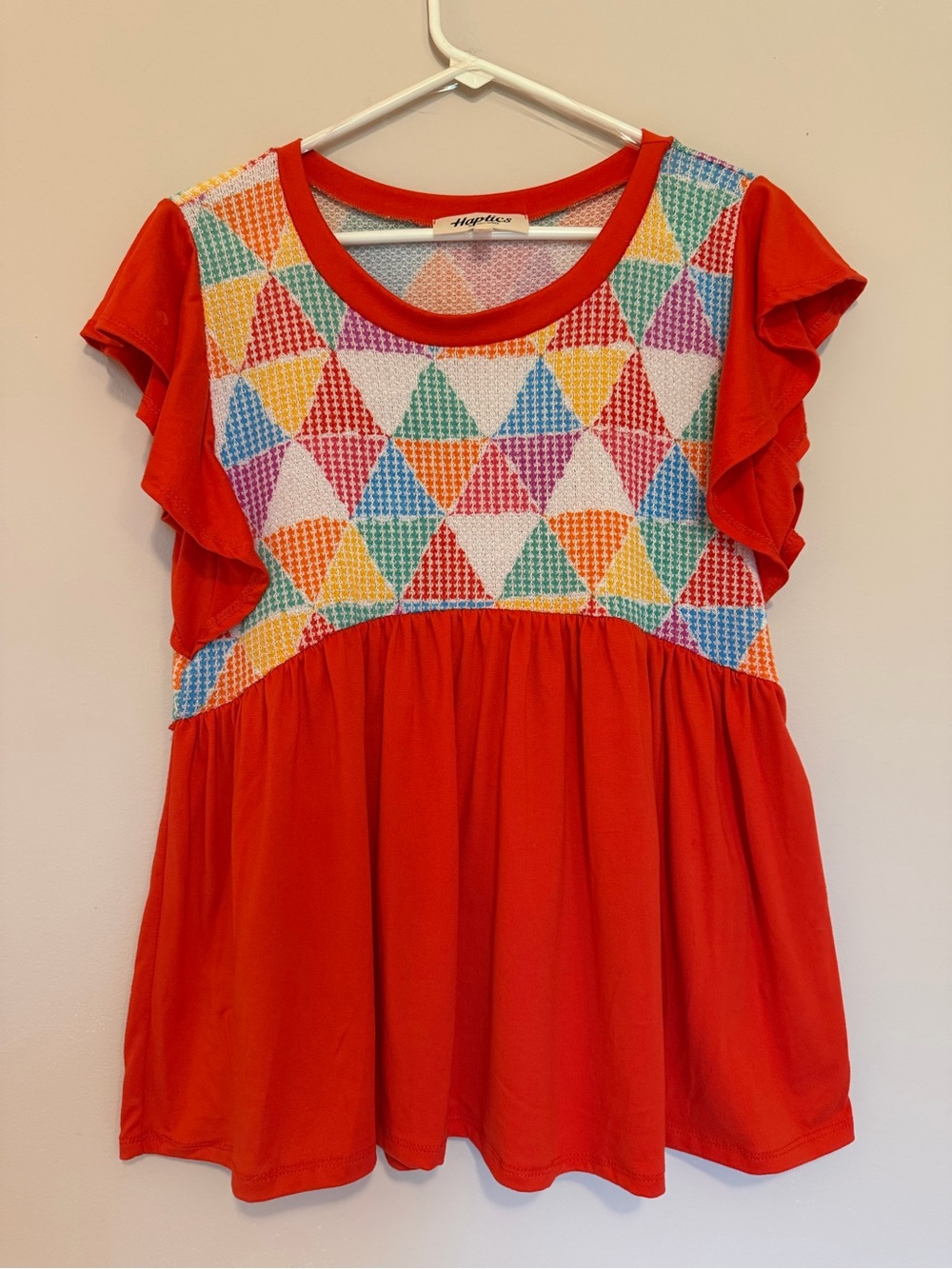 Myntz Red Ruffle Sleeve Peplum Top with Multicolor Triangle Knit